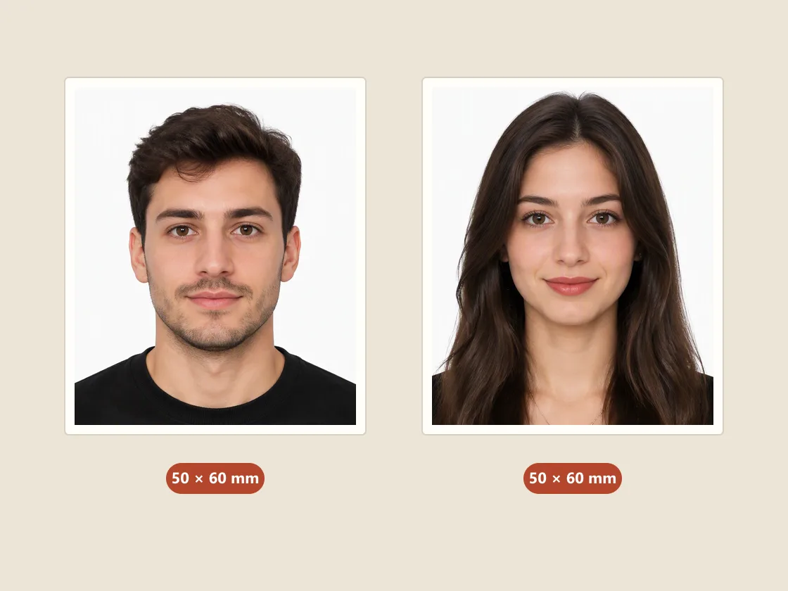 Kadın ve erkek için örnek biyometrik vesikalık fotoğraflar (50×60 mm)